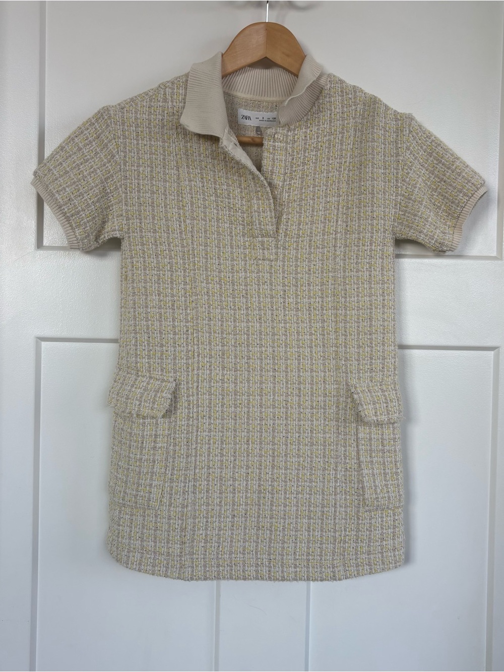 Zara Girls Yellow/Beige/Pink Tweed Collared Dress with Pockets Size 8